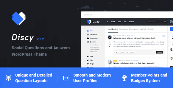 Discy WordPress 主题 – 社交问答 问答社区网站 在线问答 1 Discy WordPress 主题是一个令人惊叹、专业且灵活的社交问题和问答社区WordPress主题,专门为在线社区、利基问答网站、营销网站、开发人员网站或任何类型的社交社区而设计。