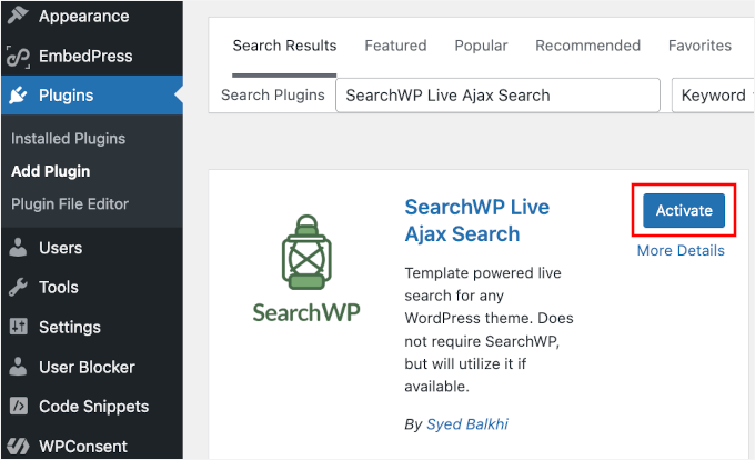 激活 SearchWP Live Ajax Search 插件 激活 SearchWP Live Ajax Search 插件